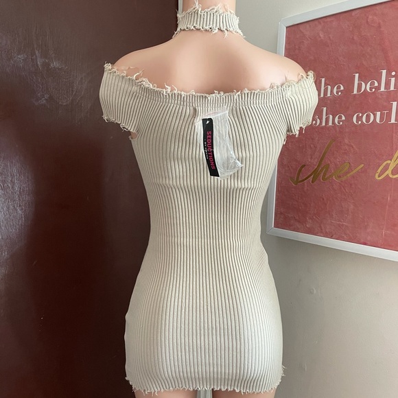 Ribbed Tan Off-Shoulder Mini Dress - Picture 5 of 5